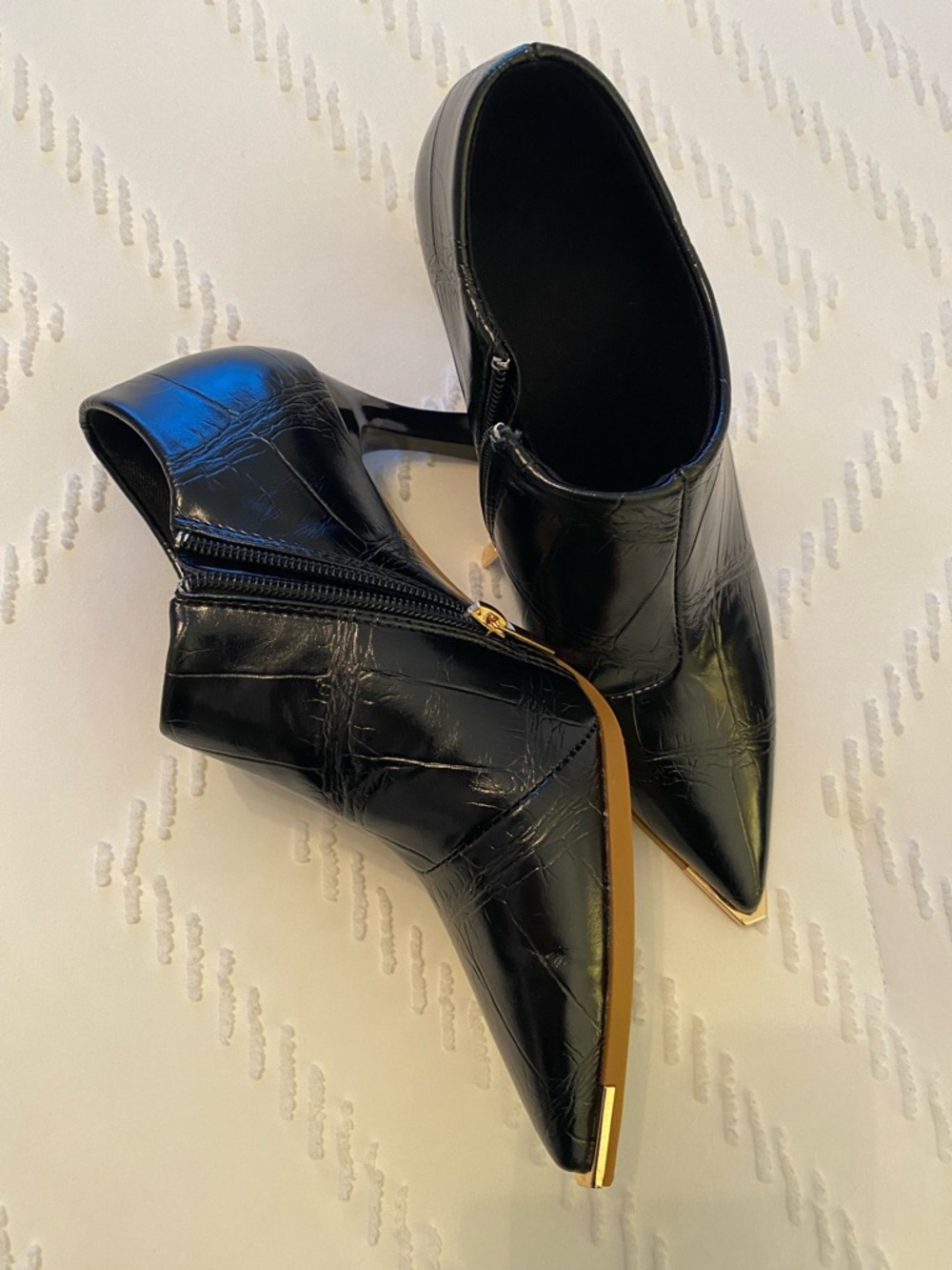 Black Croc-Embossed Pointed Toe Ankle Boots - Women 5.5